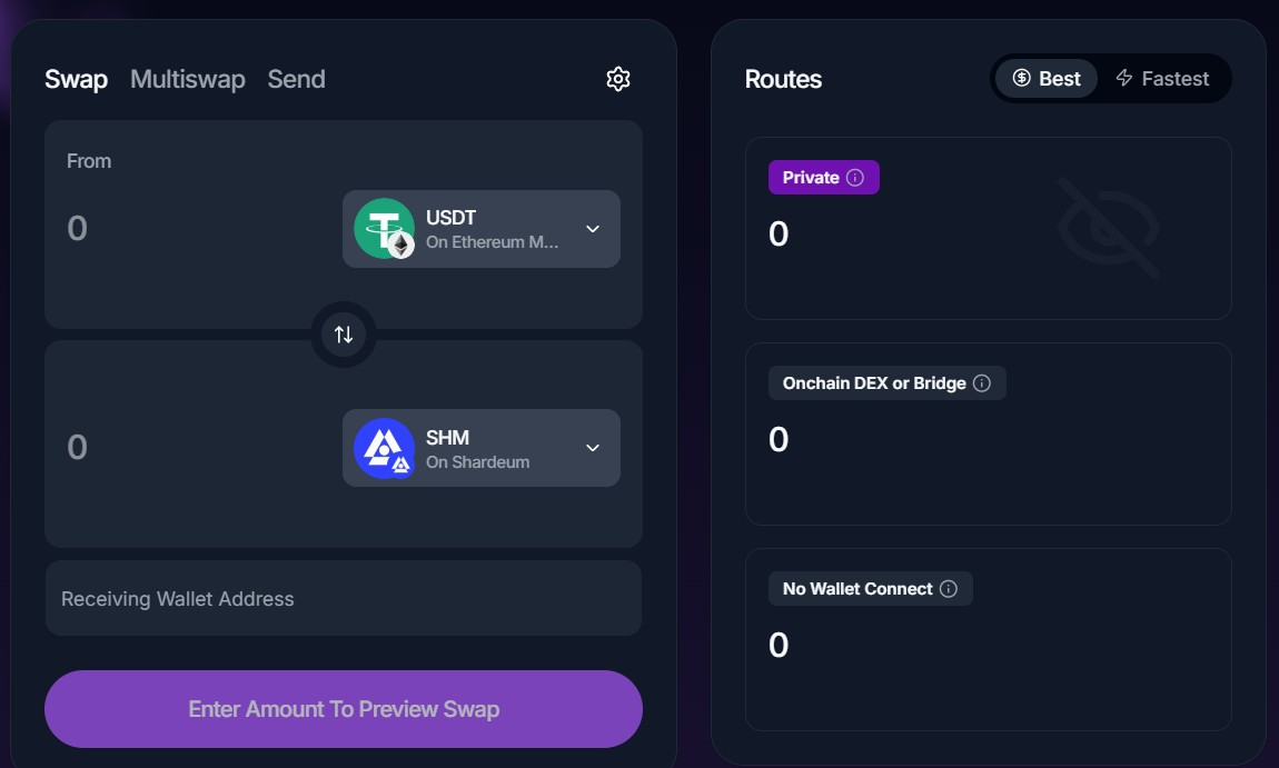 Swap Crypto to SHM With 'Private Swap' route on Houdini Swap