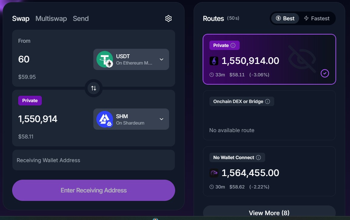 Swap Crypto to SHM With 'Private Swap' route on Houdini Swap
