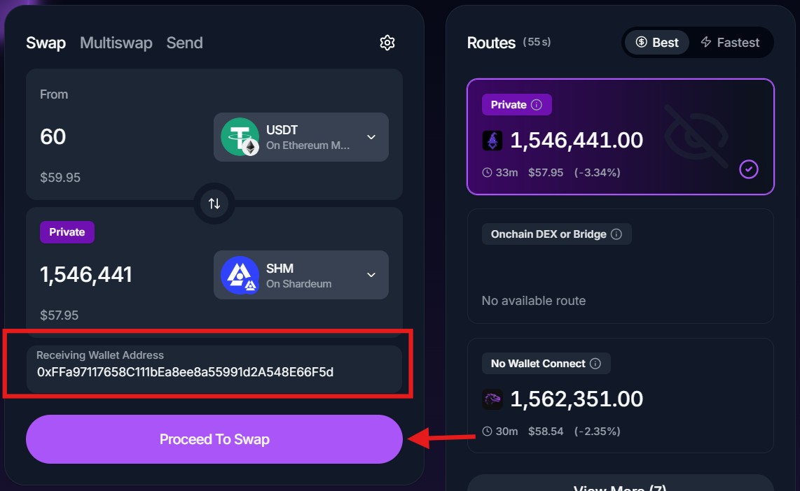 Swap Crypto to SHM With 'Private Swap' route on Houdini Swap