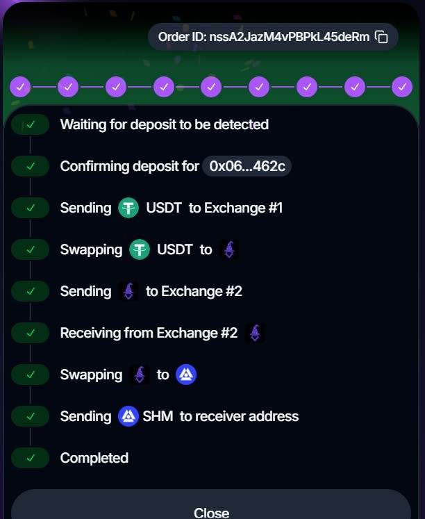 Swap Crypto to SHM With 'Private Swap' route on Houdini Swap