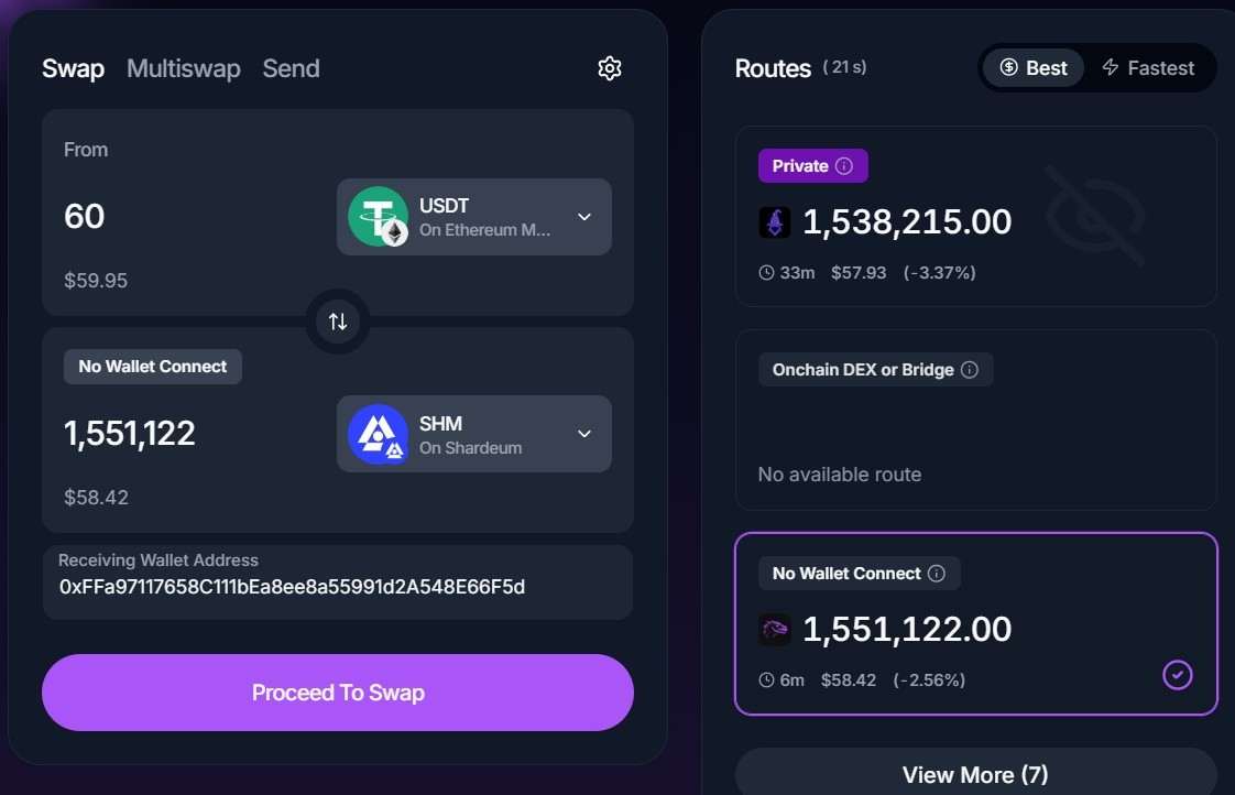 Swap Crypto to SHM With 'No Wallet Connect' route on Houdini Swap