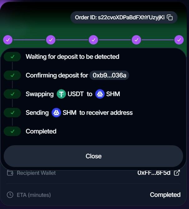 Swap Crypto to SHM With 'No Wallet Connect' route on Houdini Swap